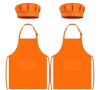 TOPWAYS Kids Apron and Chef Hat Set, kids Aprons for Cooking 2 Pack, Adjustable Toddle Kitchen Chef Apron, Kids Artist Painting Apron Bib with Two Pockets for Kids 3 4 5 6 years (2 x orange, L)