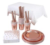 TOPWAYS Rose Gold Birthday Decorations Party Tableware Set, Disposable Paper Party Plates Cups Napkins Tablecloth Decorations for Kids Women Men Birthday, Weddings, Picnics, Anniversary (16 Guests)