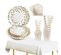 TOPWAYS White Gold Birthday Decorations Party Tableware Set, Disposable Paper Party Plates Cups Napkins Tablecloth for Kids Women Men Birthday Decorations, Weddings, Picnics, Anniversary (16 Guests)