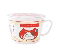 TOPWCK 34oz Large Microwavable Ceramic Ramen Bowl with Lid, Handle, Cute Anime Japanese Instant Noodle Cooker Soup Bowl, Gift for Teens Kids (LUCKYCAT-RW)