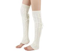 TOPWEL Womens Knit Stirrup Leg Warmer Winter Over Knee High Footless Socks Soft Comfortable Over the Knee High Cable Boot Socks Crochet Long Socks with Detachable Straps(White)
