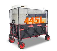 TOPWELL Collapsible Wagon 445L Heavy-Duty Foldable Cart with All-Terrain Wheels, Canopy & Brakes - Extra Large Utility Wagon for Beach, Camping, Garden, Outdoor Portable Use (Black/Red)