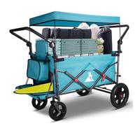 TOPWELL Folding Handcart Trolley, Folding Camping Wagon with Canopy & 2 Folable Seats, Collapsible Beach Cart Foldable for Outdoor Garden Picnic Shopping 265LBS Capacity (Turquoise/Grey)