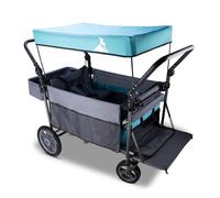 TOPWELL Folding Handcart Trolley, Folding Camping Wagon with Canopy & 2 Seats, Collapsible Beach Cart Foldable for Outdoor Garden Picnic Shopping 265LBS Capacity (Turquoise/Grey)