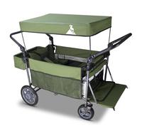 TOPWELL Folding Handcart Trolley, Folding Camping Wagon with Canopy & 2 Seats, Collapsible Beach Cart Foldable for Outdoor Garden Picnic Shopping 265LBS Capacity (Green/Beige)