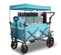TOPWELL Folding Wagon with 2 Foldable Seats, 265LB Capacity Portable Camping Cart - Collapsible Trolley with Quick-Release Wheels, Adjustable Handle, Foldable Pull-Along Wagon for Outdoor (Turquoise)
