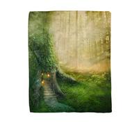 Topyee 150x200 cm Throw Blanket Green Fairy Fantasy Tree House in Forest Magic Fairytale Warm Cozy Print Flannel Home Decor Comfortable Blanket for Couch Sofa Bed