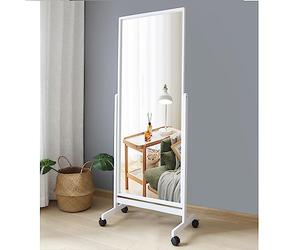 Topyi Swivel Adjustable Full Length Mirror on Wheels, Pine Wood Frame Cheval Bedroom Floor Mirror Dressing Mirror with Standing Holder (White, 65"x22")