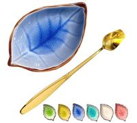 TOPYOKK Coffee Spoon and Rest Set, Leaf Shaped, Ice Cracks Sapphire with Gold Rose Spoon, 1 PC