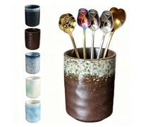 TOPYOKK Stoneware Coffee Bar Utensil Holder Tea & Coffee Spoon & Stirrer Holder for Stir Stick Straw Teaspoon Holder Espresso Spoon Cup Small Utensil Jar (Retro Rustic Brown)