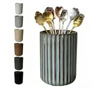 TOPYOKK Stoneware Coffee Bar Utensil Holder Tea & Coffee Spoon & Stirrer Holder for Stir Stick Straw Teaspoon Holder Espresso Spoon Cup Small Utensil Jar Fluted Vertical Stripe (Concrete Grey)