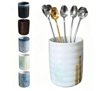 TOPYOKK Stoneware Coffee Bar Utensil Holder Tea & Coffee Spoon & Stirrer Holder for Stir Stick Straw Teaspoon Holder Espresso Spoon Cup Small Utensil Jar (Spring Sprout)