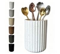 TOPYOKK Stoneware Coffee Bar Utensil Holder Tea & Coffee Spoon & Stirrer Holder for Stir Stick Straw Teaspoon Holder Espresso Spoon Cup Small Utensil Jar Fluted Vertical Stripe (Speckled White)
