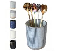 TOPYOKK Stoneware Coffee Bar Utensil Holder Tea & Coffee Spoon & Stirrer Holder for Stir Stick Straw Teaspoon Holder Spoon Cup Small Utensil Jar (Blue Stripes)