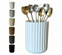 TOPYOKK Stoneware Coffee Bar Utensil Holder Tea & Coffee Spoon & Stirrer Holder for Stir Stick Straw Teaspoon Holder Espresso Spoon Cup Small Utensil Jar Fluted Vertical Stripe (Pure White)