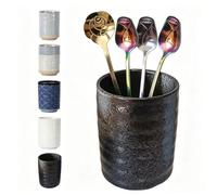 TOPYOKK Stoneware Coffee Bar Utensil Holder Tea & Coffee Spoon & Stirrer Holder for Stir Stick Straw Teaspoon Holder Spoon Cup Small Utensil Jar (Retro Black)