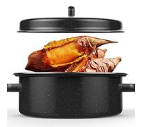 Topyond Oval Roaster - Enamel Turkey Roasting Pan with Rack for Barbecue & Sweet Potato - Black Family Size