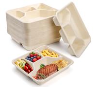 TOPZEA 50 Pack 4 Compartment Disposable Paper Plates, 23.8X 21.8 CM Deep Divided Plates Heavy Duty Bagasse School Lunch Tray, Sugarcane Sectional Plate Food Containers for Dinner Buffet Party
