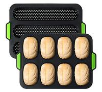 TOPZEA Set of 2 Silicone Baguette & Ham Burger Buns Pans, 8 Gutter Perforated, 3 Wave Long Loaf Mold, Nonstick Oven Baker