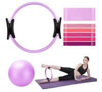 TOPZGLEEY Pilates Ring Set - 14" Anti-Deformation Magic Circle with Padded Handles, Mini Ball, 5 Resistance Bands, Guide, Pilates Equipment For Home Workout (Purple)