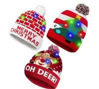 Topzilly 3 Pack Christmas Beanie Hat with Lights Cozy LED Bobble Kids & Adults Hat Stylish Elf Hats, Baby Xmas Hat Winter Holiday Parties (Merry Christmas + Christmas Tree + Oh Deer!)