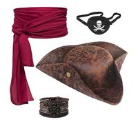 Topzora Pirate Accessory Set - 4-Piece Pirate Costume Accessories with Pirate Hat in Leather Look, Red Sash, Eye Patch & Leather Strap - Pirate Costume for Men and Women for Carnival, Fancy Dress