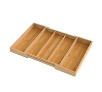 TOQUE Bamboo Expandable Cutlery Drawer Organiser, Adjustable Utensil Tray 5 Compartments, Natural Wooden Kitchen Drawer Storage for Silverware, Knives & Cooking Tools, 33-57cm