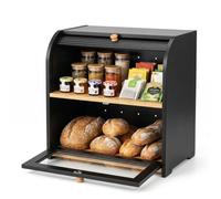 TOQUE Bread Box, 2-Tier Large Capacity Roll Top, Black Bamboo, Acrylic Door