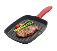 TOQUE Cast Iron Square Grill Pan, Pre-Seasoned Griddle Pan for Steak, Meat, Bacon & Fish, Ribbed Skillet with Pour Spouts & Silicone Handle, Induction & Oven Safe, 23.5cm