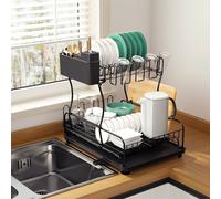 Toque Expandable Dish Drainer Rack 2 Tier Cutlery Plate Holder Drip Tray in Black Toque Black