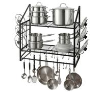 TOQUE Extra Long Wall Mounted Pot Rack 93.5cm (36.8"), 2 Tier Pan Organiser with 20 Movable Hooks and 6 Pan Lid Holders, Heavy Duty Steel Kitchen Shelves for Pots and Pans, Saucepan Storage Rack