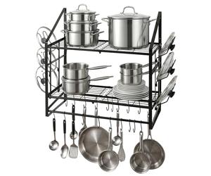 TOQUE Extra Long Wall Mounted Pot Rack 93.5cm (36.8"), 2 Tier Pan Organiser with 20 Movable Hooks and 6 Pan Lid Holders, Heavy Duty Steel Kitchen Shelves for Pots and Pans, Saucepan Storage Rack
