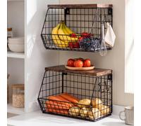TOQUE Fruit Basket Wire Basket with Wood Top Wall Mount Stackable Black