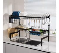 Toque Over Sink Dish Drying Rack 2 Tier Adjustable Drainer Rack Space Saving in Black Toque Black