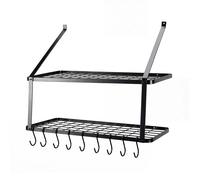 TOQUE Pot Pan Rack Wall Mounted Kitchen Shelf 2 Tier Storage Rack Metal 10 Hooks