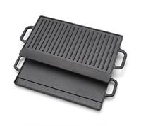 TOQUE Reversible Cast Iron Griddle Pan - Non-Stick Skillet, Heavy Duty - Flat & Ridged Surfaces for BBQ, Oven, Gas, Induction, Ceramic Hob - Durable Pan with Silicone Brush, 49.5x23.5cm