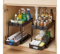 TOQUE Under Sink Organiser 2 Pack, 2 Tier Pull Out Storage Drawers, Kitchen Cabinet Storage Shelf, Sliding Cupboard Organiser with 8 Hooks for Bathroom, Laundry, Pantry, Black
