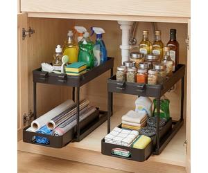 TOQUE Under Sink Organiser 2 Pack, 2 Tier Pull Out Storage Drawers, Kitchen Cabinet Storage Shelf, Sliding Cupboard Organiser with 8 Hooks for Bathroom, Laundry, Pantry, Black