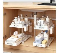 TOQUE Under Sink Organiser 2 Pack, Adjustable Height 2 Tier Pull Out Drawers, Kitchen Cabinet Storage Shelf, Heavy Duty Slide Out Under Sink Storage with Hooks for Bathroom, White