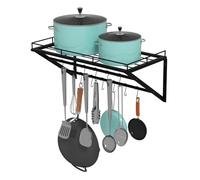 TOQUE Wall Mounted Pot Rack 60cm, Extra Sturdy Kitchen Shelf with 12 Hooks, 3-in-1 Space Saving Organizer for Pans, Utensils & Towels (Black)
