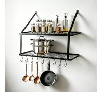 TOQUE Wall Mounted Pot Rack, Metal Pan Rack with 10 Movable Hooks, Heavy Duty Kitchen Shelf & Hanging Pan Organizer, Black Shelving for Kitchen Bathroom Balcony Storage, 75x35x59cm