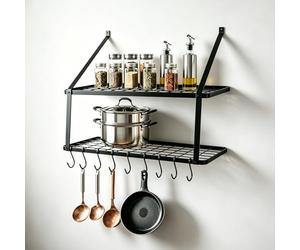 TOQUE Wall Mounted Pot Rack, Metal Pan Rack with 10 Movable Hooks, Heavy Duty Kitchen Shelf & Hanging Pan Organizer, Black Shelving for Kitchen Bathroom Balcony Storage, 75x35x59cm