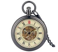 TORALF Open Face Roman Numerals Display Automatic Pocket Watch Bronze/Black Metal Case Pendant Self Winding Pocket Clock
