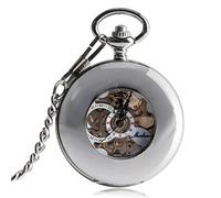 TORALF Silver Hollow Circle Mechanical Pocket Watch Unique Blue Roman Numerals Dial Antique Self Winding Pocket Clock