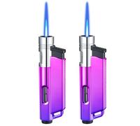 Torch Lighter, 2 Pack Jet Flame Butane Lighter, Adjustable Flame Windproof with Visible Fuel, Cool Refillable Lighters for Candle, Camping, Indoor, Outdoor - Purple+Purple