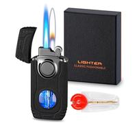 Torch Lighter, Cool Mecha Design Dual Flame Lighter, Refillable Butane Lighter with Visible Gas Window, Windproof Adjustable Jet Flame and Soft Flame, Great Gifts for Men(Without Butane)-Matte Black