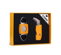Torch Lighters and Cigar Cutter Set Dual Jet Flame Windproof Butane Refillable Cigar Lighter with Puncher Gift for Man,Yellow