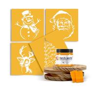 Torch Paste Classic Christmas Ornament/Coaster Kit The Original Wood Burning Paste | 4 Reusable Stencils | Santa, Reindeer, Snowman, Christmas Tree | 2 Squeegees | 4 Wood Rounds