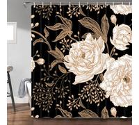 Torich Black Gold Floral Shower Curtain, Boho Dark Roses Leaves Botanical Aesthetic Flower Shower Curtain for Bathroom with Hook, Vintage Rose Gold Unique ChicShower Curtain Set with Hooks 60X70in
