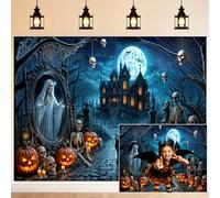 Torich Halloween Haunted Mansion Backdrop Ghost Mirror Skeleton Black Cat Pumpkin Full Moon Graveyard Photography Background for Halloween Horror Party Photo Booth Props 10X8FT